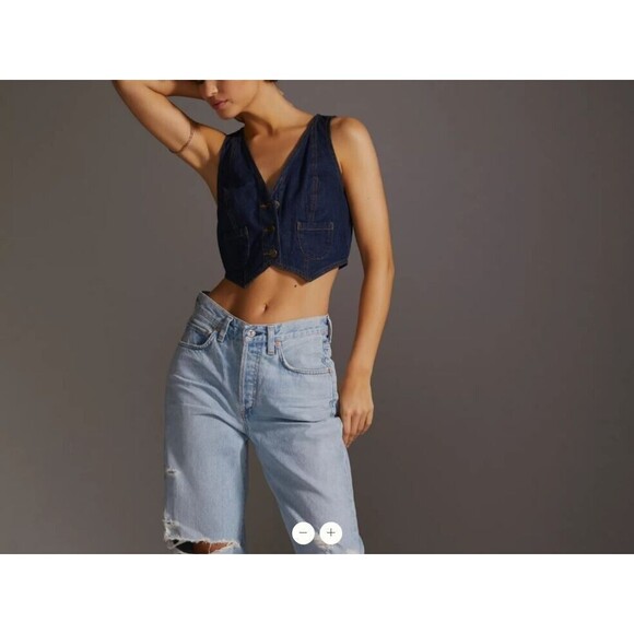 Pilcro Anthropologie Denim Vest Top US 12 Dark Blue Cropped Pockets Cotton NWT - Picture 2 of 7